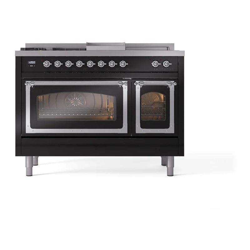 ILVE Nostalgie II Noblesse 48" Dual Fuel Freestanding Range in Glossy Black with Chrome Trim, UN48FSNMPBKCLP