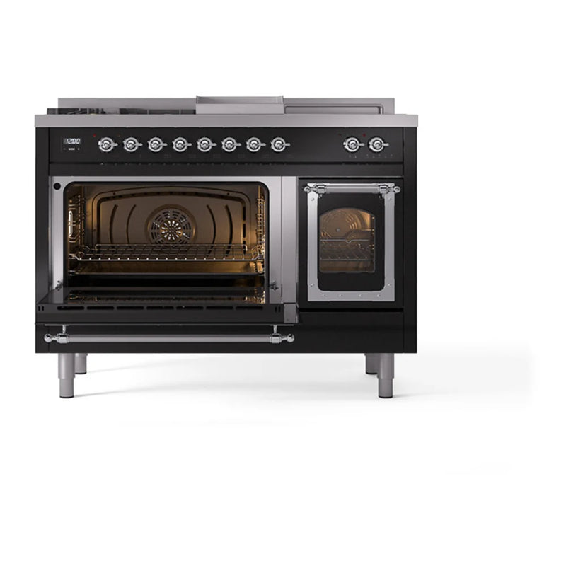 ILVE Nostalgie II Noblesse 48" Dual Fuel Freestanding Range in Glossy Black with Chrome Trim, UN48FSNMPBKCLP