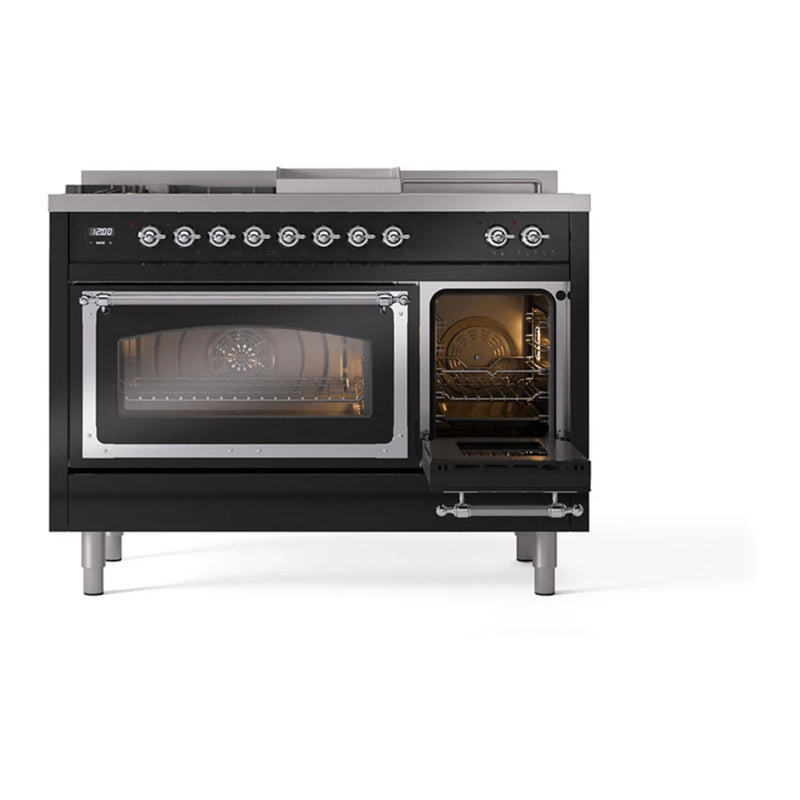 ILVE Nostalgie II Noblesse 48" Dual Fuel Freestanding Range in Glossy Black with Chrome Trim, UN48FSNMPBKCLP