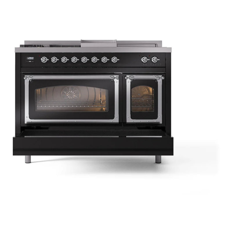 ILVE Nostalgie II Noblesse 48" Dual Fuel Freestanding Range in Glossy Black with Chrome Trim, UN48FSNMPBKCLP