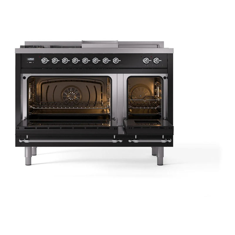 ILVE Nostalgie II Noblesse 48" Dual Fuel Freestanding Range in Glossy Black with Chrome Trim, UN48FSNMPBKC