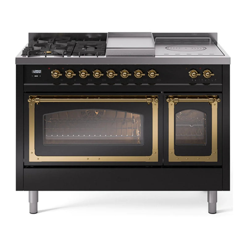 ILVE Nostalgie II Noblesse 48" Dual Fuel Freestanding Range in Glossy Black with Brass Trim, UN48FSNMPBKGLP