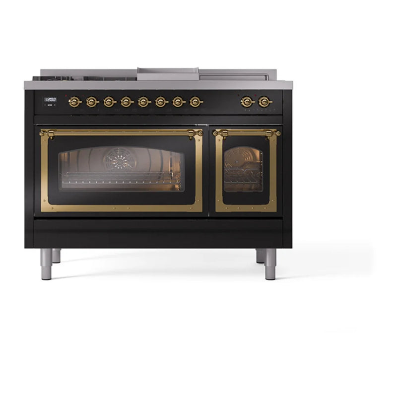 ILVE Nostalgie II Noblesse 48" Dual Fuel Freestanding Range in Glossy Black with Brass Trim, UN48FSNMPBKGLP