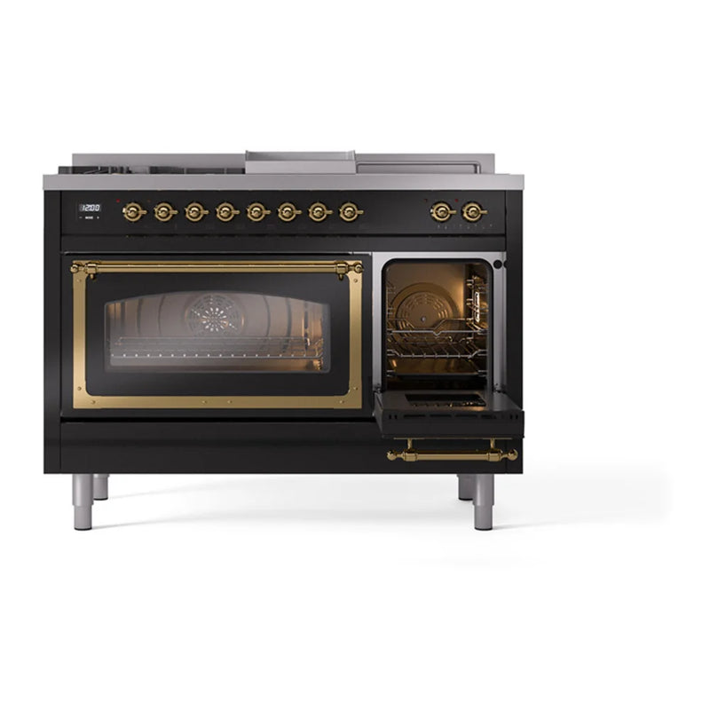 ILVE Nostalgie II Noblesse 48" Dual Fuel Freestanding Range in Glossy Black with Brass Trim, UN48FSNMPBKGLP