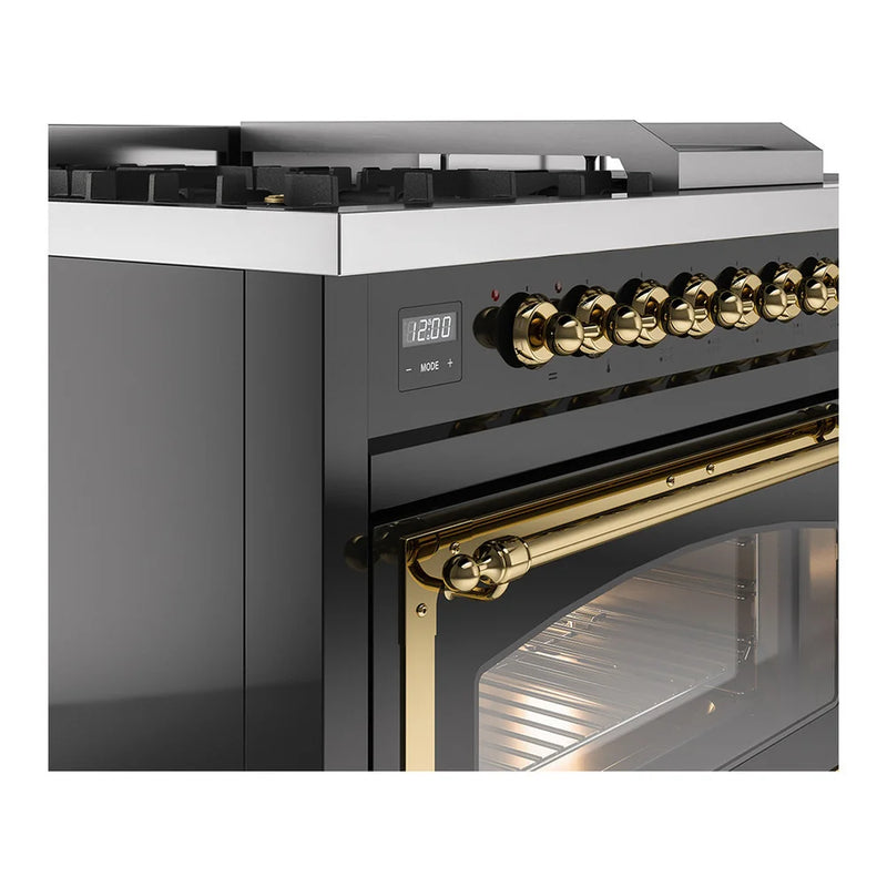 ILVE Nostalgie II Noblesse 48" Dual Fuel Freestanding Range in Glossy Black with Brass Trim, UN48FSNMPBKGLP