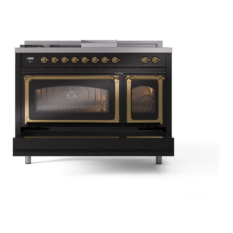 ILVE Nostalgie II Noblesse 48" Dual Fuel Freestanding Range in Glossy Black with Brass Trim, UN48FSNMPBKG