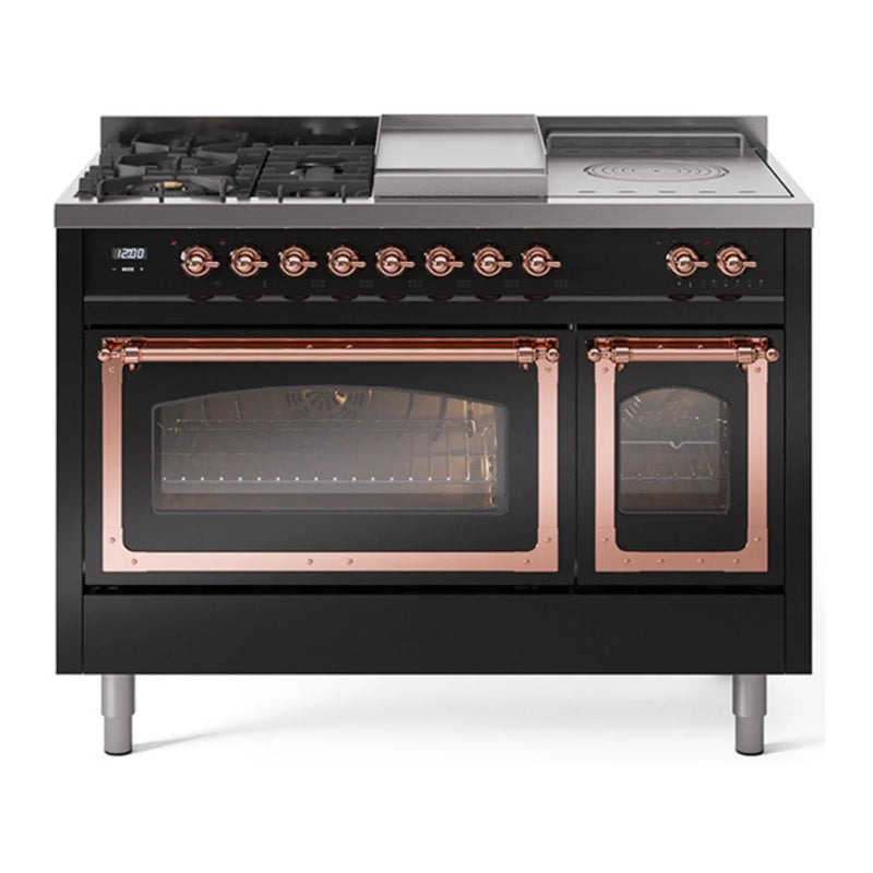 ILVE Nostalgie II Noblesse 48" Dual Fuel Freestanding Range in Glossy Black with Copper Trim, UN48FSNMPBKPLP