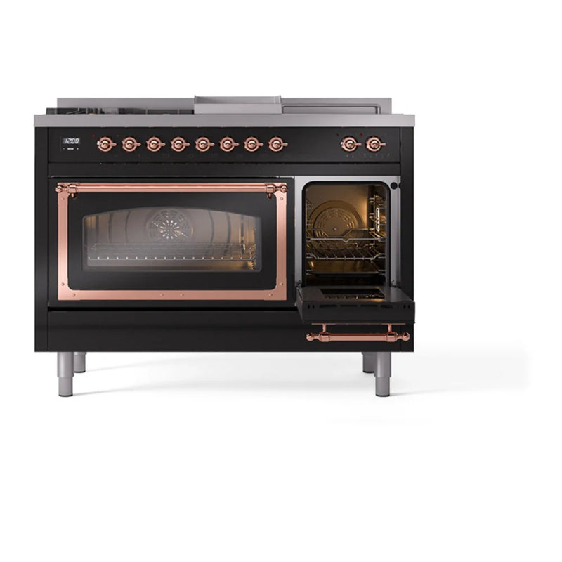 ILVE Nostalgie II Noblesse 48" Dual Fuel Freestanding Range in Glossy Black with Copper Trim, UN48FSNMPBKPLP