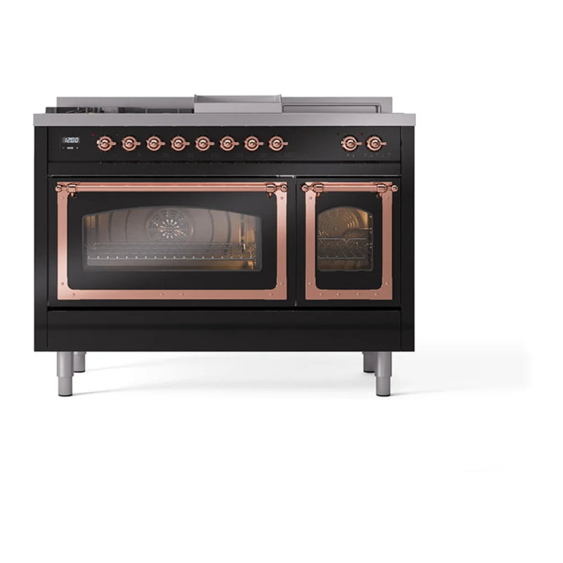 ILVE Nostalgie II Noblesse 48" Dual Fuel Freestanding Range in Glossy Black with Copper Trim, UN48FSNMPBKP
