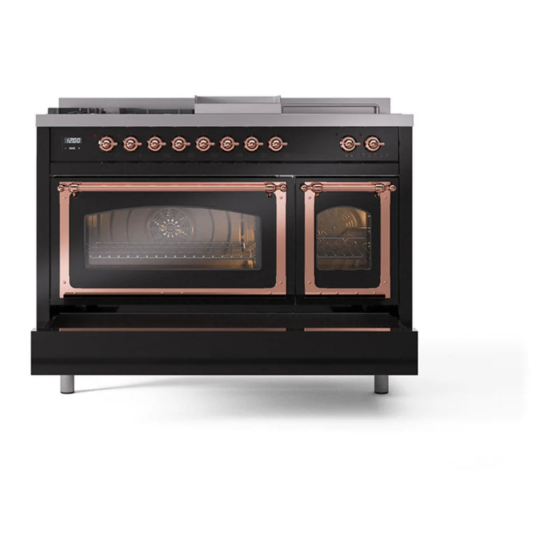 ILVE Nostalgie II Noblesse 48" Dual Fuel Freestanding Range in Glossy Black with Copper Trim, UN48FSNMPBKP