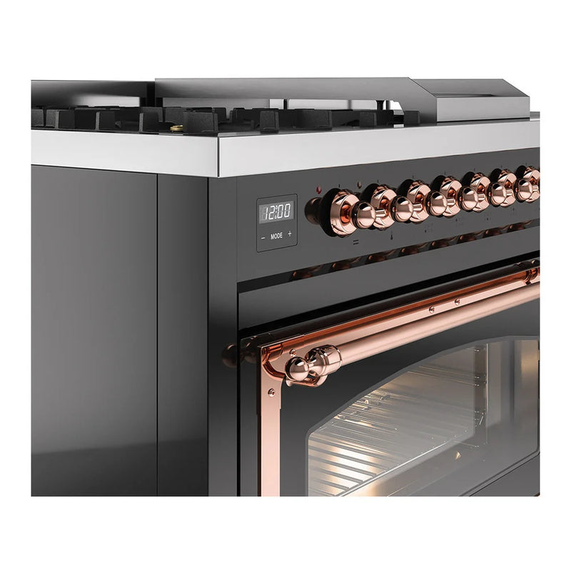 ILVE Nostalgie II Noblesse 48" Dual Fuel Freestanding Range in Glossy Black with Copper Trim, UN48FSNMPBKP