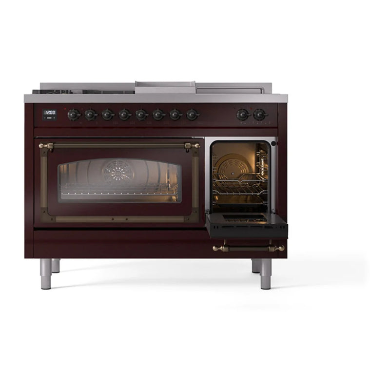 ILVE Nostalgie II Noblesse 48" Dual Fuel Freestanding Range in Burgundy with Burnished Trim, UN48FSNMPBUBLP