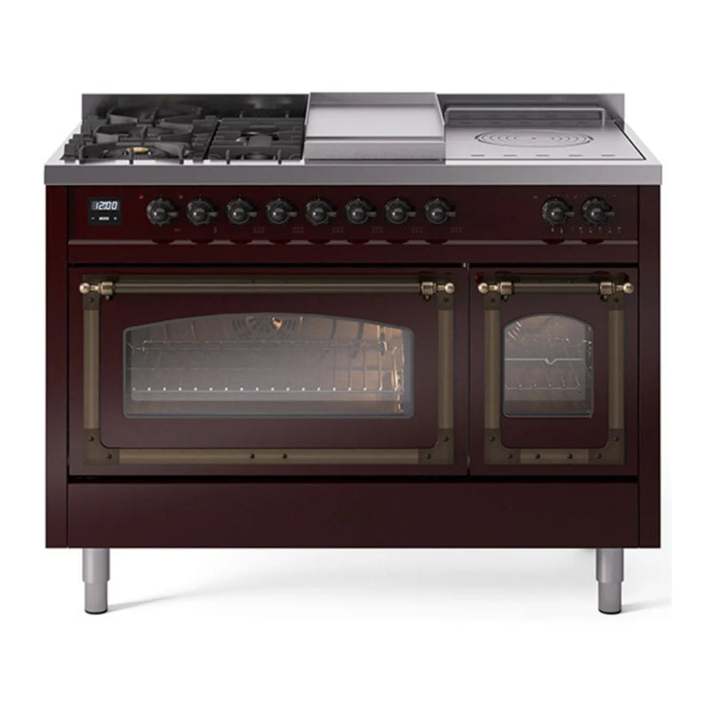 ILVE Nostalgie II Noblesse 48" Dual Fuel Freestanding Range in Burgundy with Burnished Trim, UN48FSNMPBUB