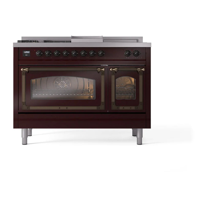 ILVE Nostalgie II Noblesse 48" Dual Fuel Freestanding Range in Burgundy with Burnished Trim, UN48FSNMPBUB