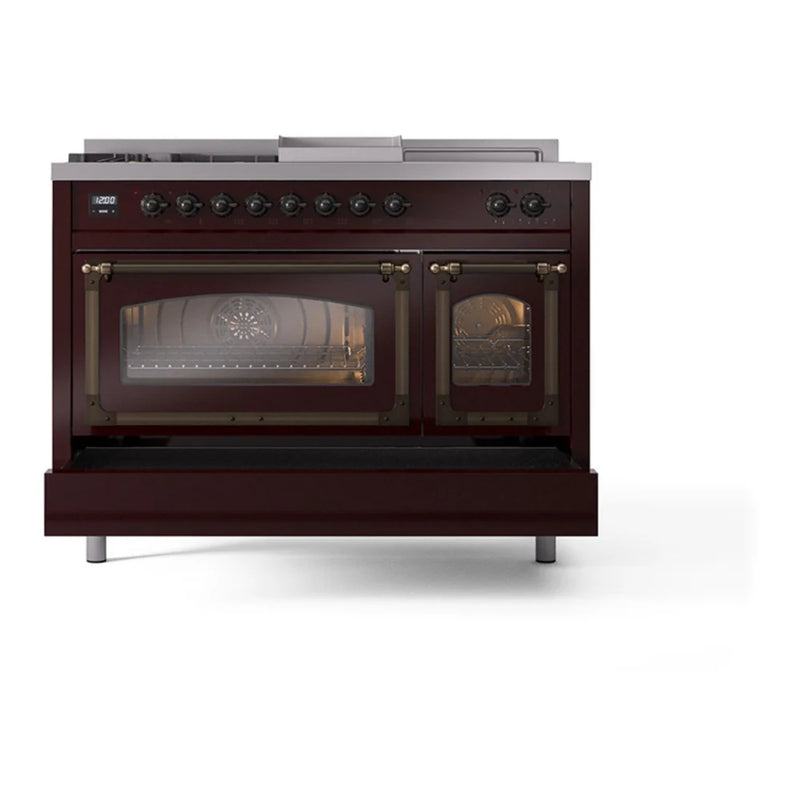 ILVE Nostalgie II Noblesse 48" Dual Fuel Freestanding Range in Burgundy with Burnished Trim, UN48FSNMPBUB