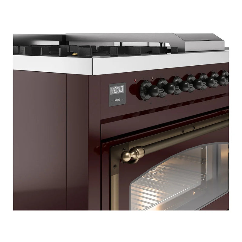 ILVE Nostalgie II Noblesse 48" Dual Fuel Freestanding Range in Burgundy with Burnished Trim, UN48FSNMPBUB