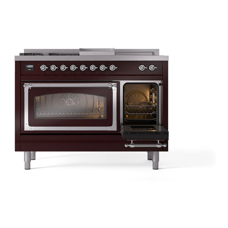 ILVE Nostalgie II Noblesse 48" Dual Fuel Freestanding Range in Burgundy with Chrome Trim, UN48FSNMPBUCLP