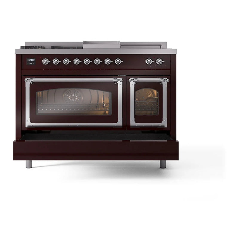 ILVE Nostalgie II Noblesse 48" Dual Fuel Freestanding Range in Burgundy with Chrome Trim, UN48FSNMPBUCLP