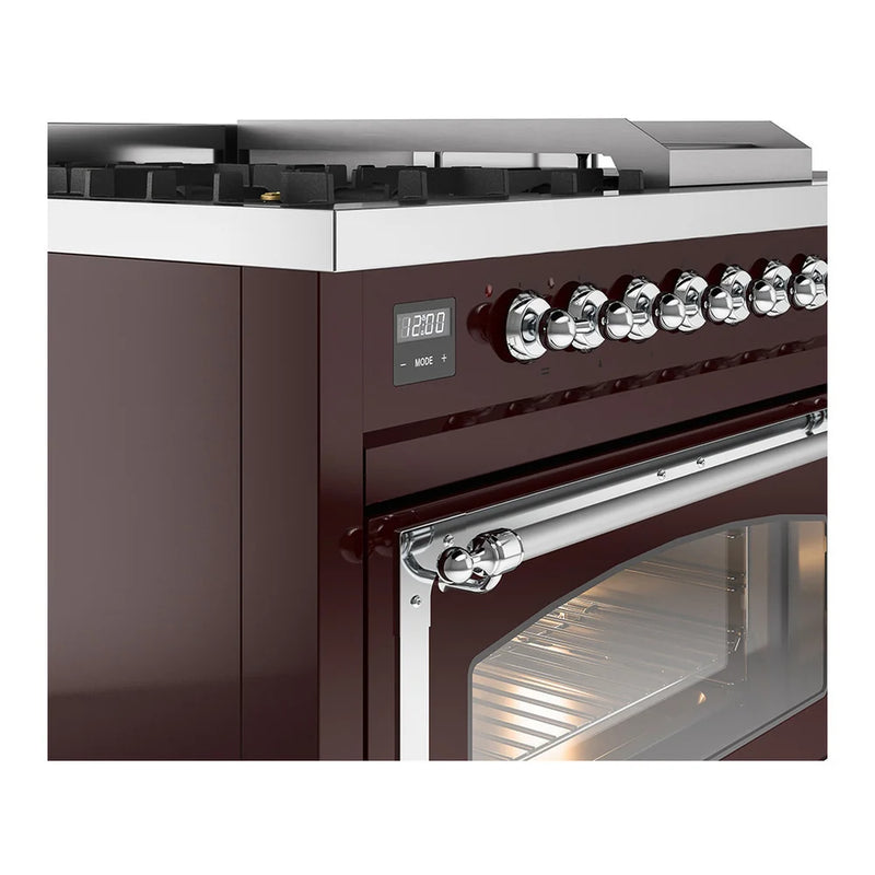 ILVE Nostalgie II Noblesse 48" Dual Fuel Freestanding Range in Burgundy with Chrome Trim, UN48FSNMPBUCLP