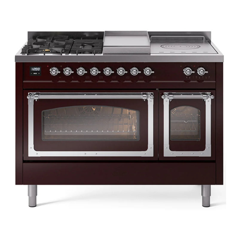 ILVE Nostalgie II Noblesse 48" Dual Fuel Freestanding Range in Burgundy with Chrome Trim, UN48FSNMPBUC
