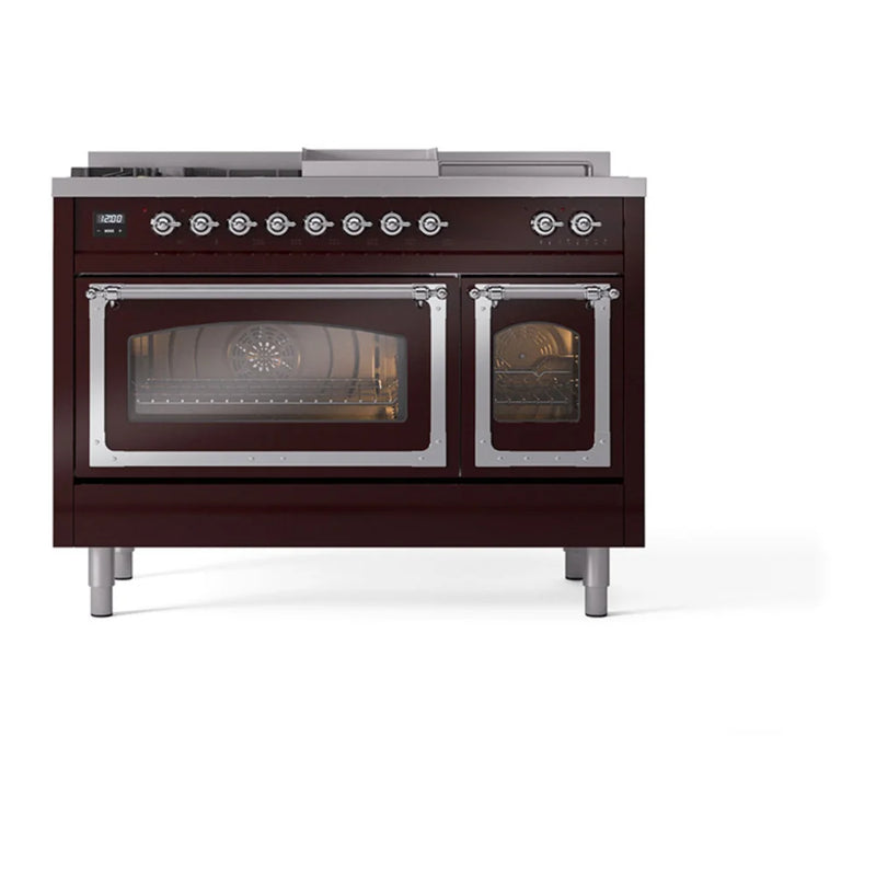 ILVE Nostalgie II Noblesse 48" Dual Fuel Freestanding Range in Burgundy with Chrome Trim, UN48FSNMPBUC