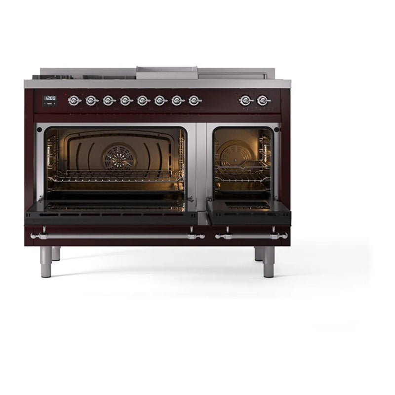ILVE Nostalgie II Noblesse 48" Dual Fuel Freestanding Range in Burgundy with Chrome Trim, UN48FSNMPBUC