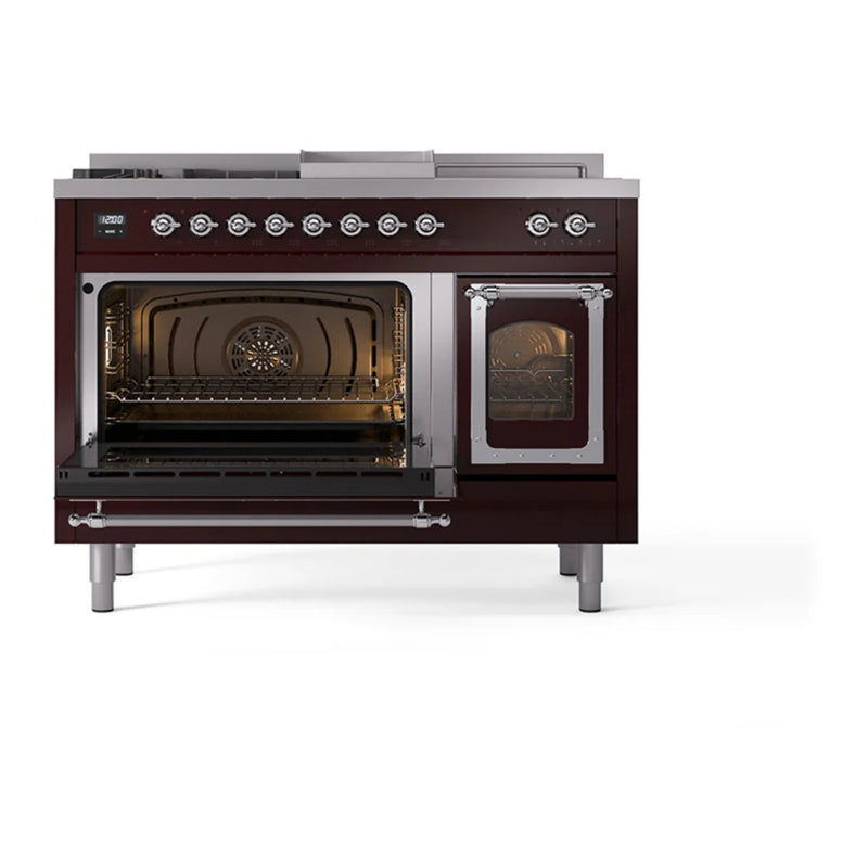 ILVE Nostalgie II Noblesse 48" Dual Fuel Freestanding Range in Burgundy with Chrome Trim, UN48FSNMPBUC
