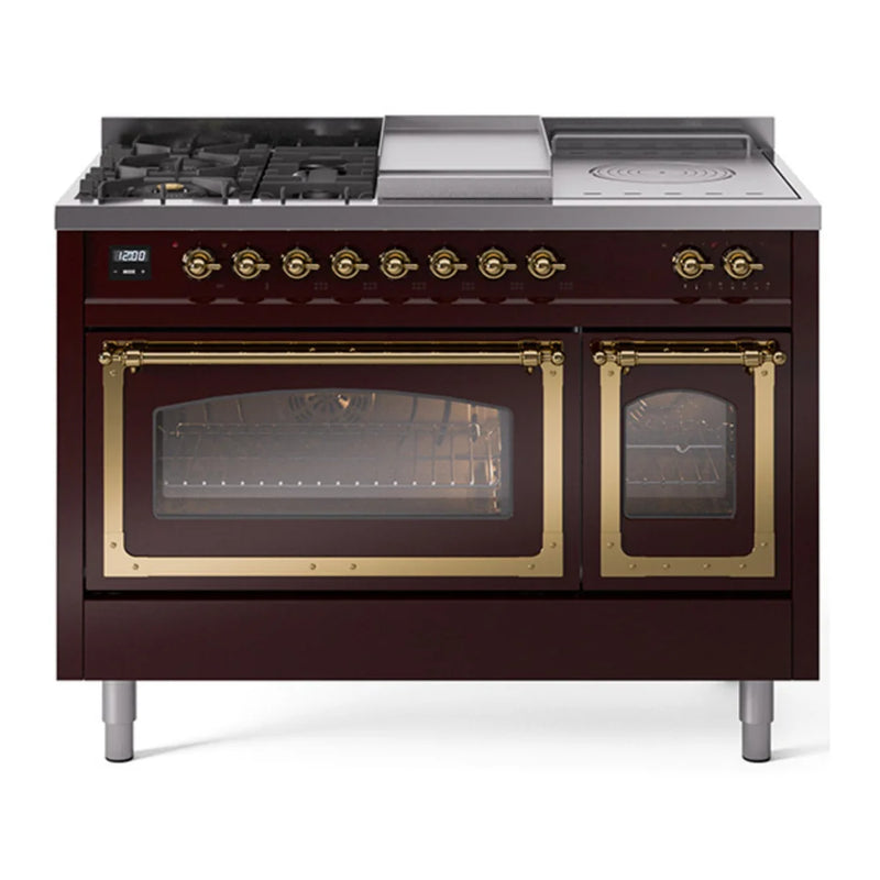 ILVE Nostalgie II Noblesse 48" Dual Fuel Freestanding Range in Burgundy with Brass Trim, UN48FSNMPBUGLP