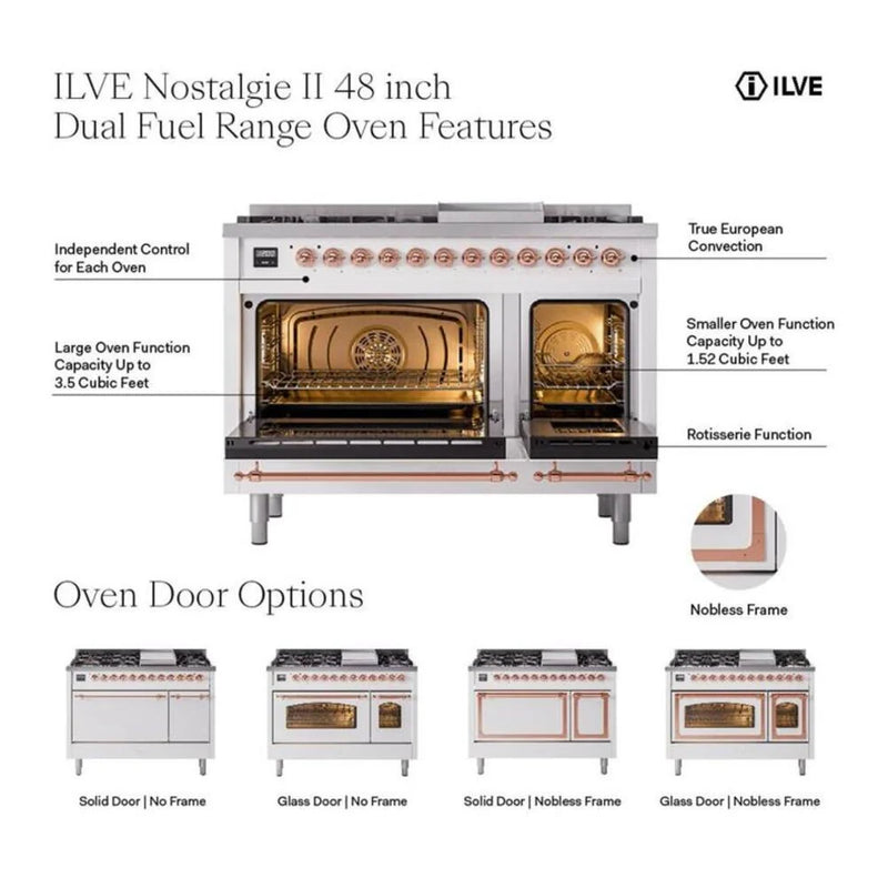 ILVE Nostalgie II Noblesse 48" Dual Fuel Freestanding Range in Burgundy with Brass Trim, UN48FSNMPBUGLP