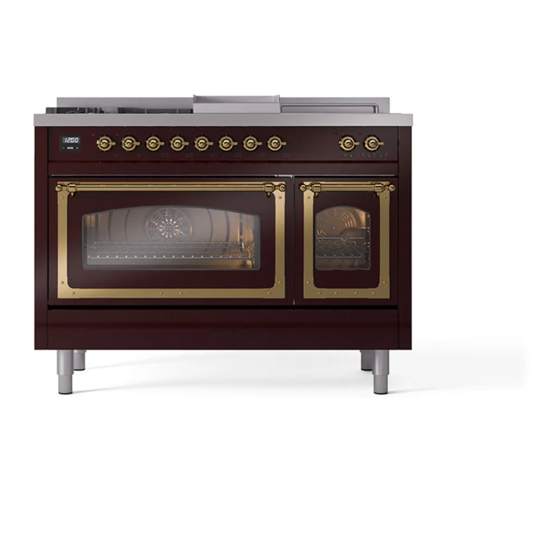 ILVE Nostalgie II Noblesse 48" Dual Fuel Freestanding Range in Burgundy with Brass Trim, UN48FSNMPBUGLP