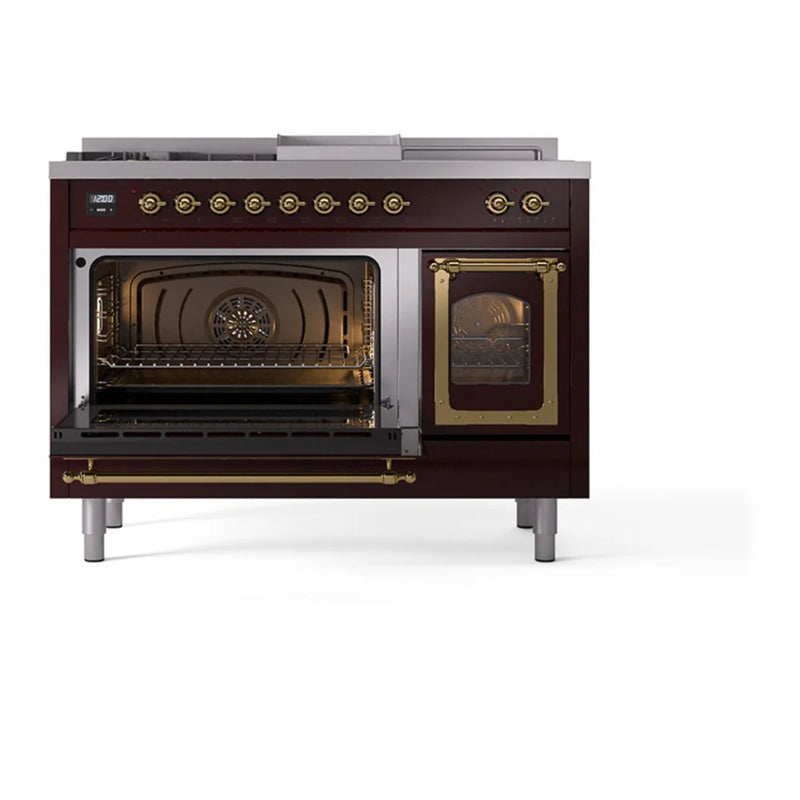 ILVE Nostalgie II Noblesse 48" Dual Fuel Freestanding Range in Burgundy with Brass Trim, UN48FSNMPBUGLP