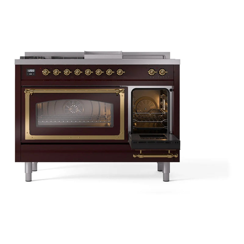 ILVE Nostalgie II Noblesse 48" Dual Fuel Freestanding Range in Burgundy with Brass Trim, UN48FSNMPBUGLP