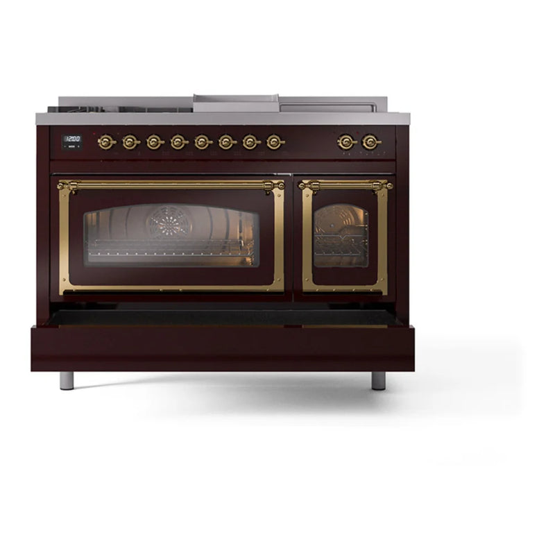 ILVE Nostalgie II Noblesse 48" Dual Fuel Freestanding Range in Burgundy with Brass Trim, UN48FSNMPBUG