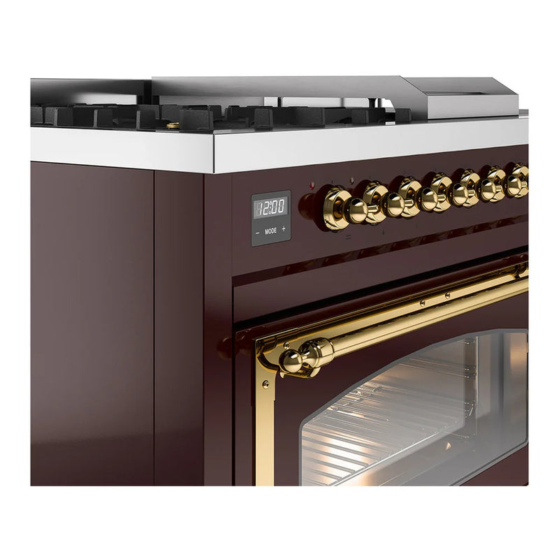 ILVE Nostalgie II Noblesse 48" Dual Fuel Freestanding Range in Burgundy with Brass Trim, UN48FSNMPBUG
