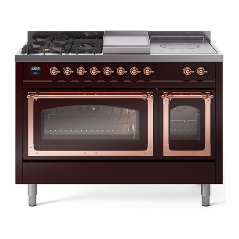 ILVE Nostalgie II Noblesse 48" Dual Fuel Freestanding Range in Burgundy with Copper Trim, UN48FSNMPBUP