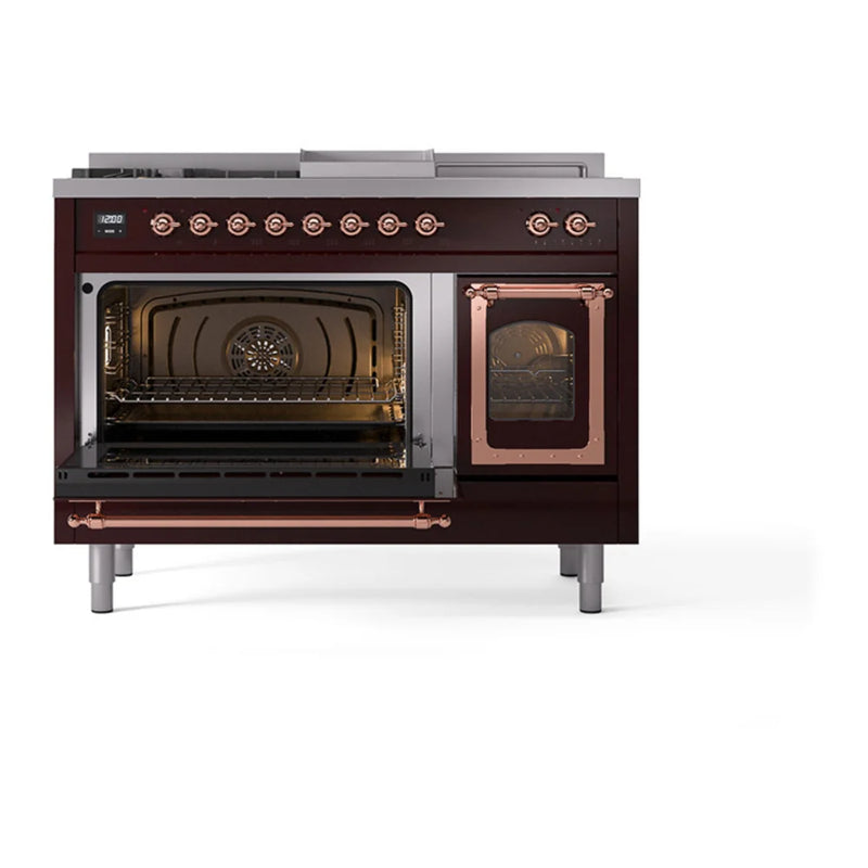 ILVE Nostalgie II Noblesse 48" Dual Fuel Freestanding Range in Burgundy with Copper Trim, UN48FSNMPBUP