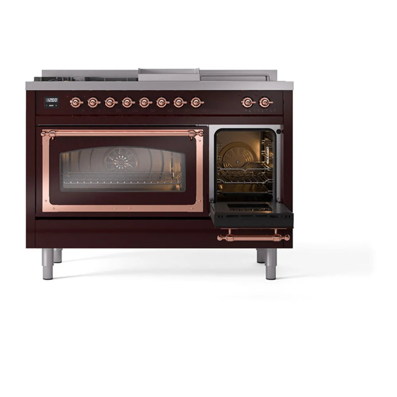 ILVE Nostalgie II Noblesse 48" Dual Fuel Freestanding Range in Burgundy with Copper Trim, UN48FSNMPBUP