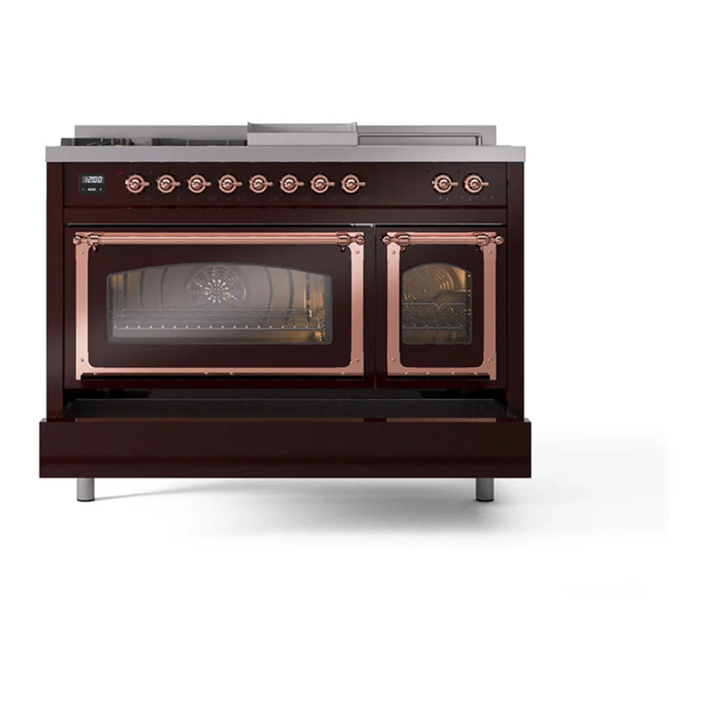 ILVE Nostalgie II Noblesse 48" Dual Fuel Freestanding Range in Burgundy with Copper Trim, UN48FSNMPBUP