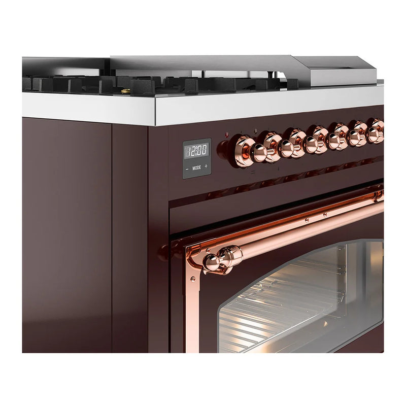 ILVE Nostalgie II Noblesse 48" Dual Fuel Freestanding Range in Burgundy with Copper Trim, UN48FSNMPBUP