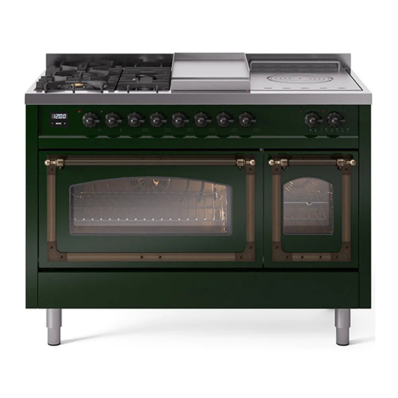 ILVE Nostalgie II Noblesse 48" Dual Fuel Freestanding Range in Emerald Green with Burnished Trim, UN48FSNMPEGBLP