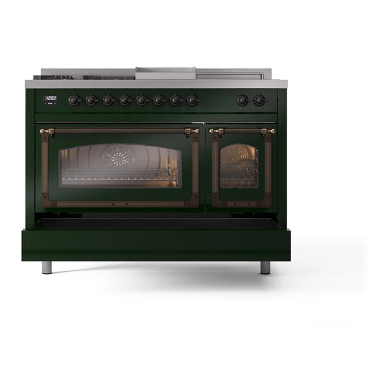 ILVE Nostalgie II Noblesse 48" Dual Fuel Freestanding Range in Emerald Green with Burnished Trim, UN48FSNMPEGBLP