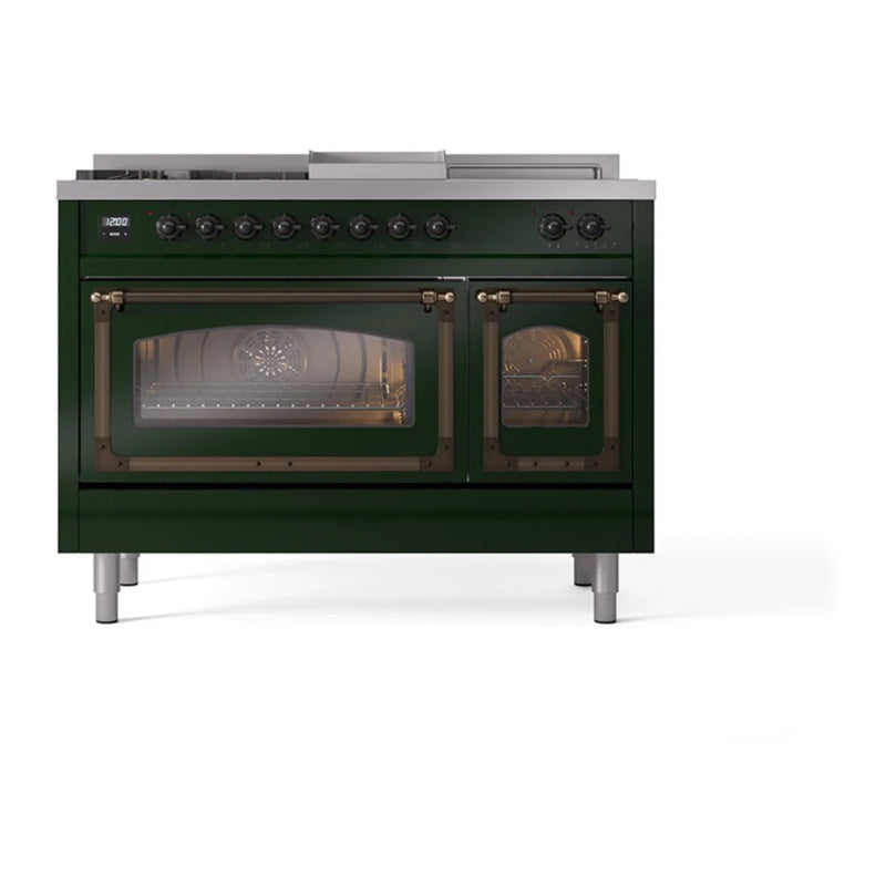 ILVE Nostalgie II Noblesse 48" Dual Fuel Freestanding Range in Emerald Green with Burnished Trim, UN48FSNMPEGB