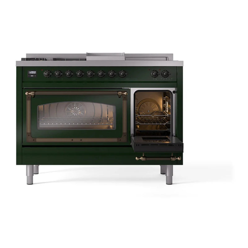 ILVE Nostalgie II Noblesse 48" Dual Fuel Freestanding Range in Emerald Green with Burnished Trim, UN48FSNMPEGB
