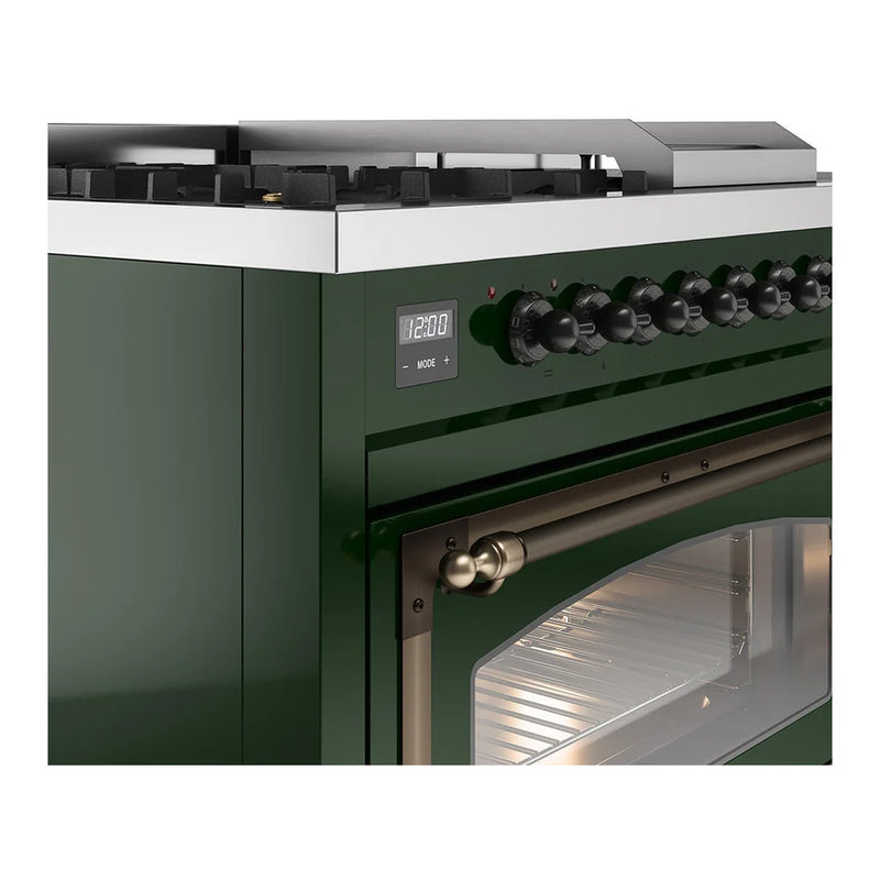 ILVE Nostalgie II Noblesse 48" Dual Fuel Freestanding Range in Emerald Green with Burnished Trim, UN48FSNMPEGB