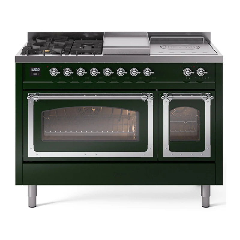 ILVE Nostalgie II Noblesse 48" Dual Fuel Freestanding Range in Emerald Green with Chrome Trim, UN48FSNMPEGCLP