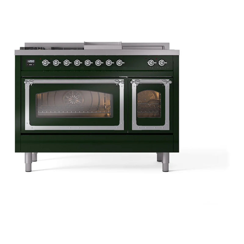 ILVE Nostalgie II Noblesse 48" Dual Fuel Freestanding Range in Emerald Green with Chrome Trim, UN48FSNMPEGCLP