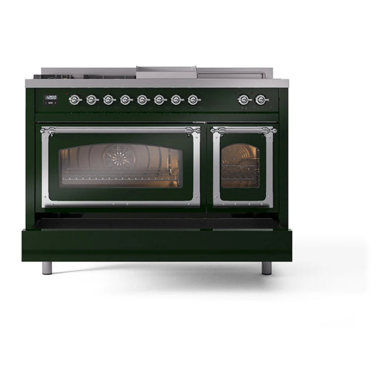 ILVE Nostalgie II Noblesse 48" Dual Fuel Freestanding Range in Emerald Green with Chrome Trim, UN48FSNMPEGCLP