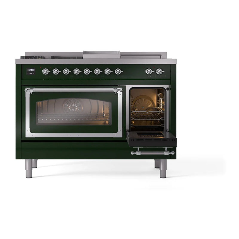 ILVE Nostalgie II Noblesse 48" Dual Fuel Freestanding Range in Emerald Green with Chrome Trim, UN48FSNMPEGC