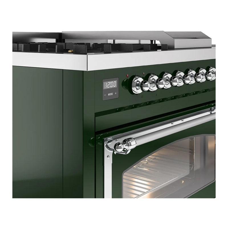 ILVE Nostalgie II Noblesse 48" Dual Fuel Freestanding Range in Emerald Green with Chrome Trim, UN48FSNMPEGC