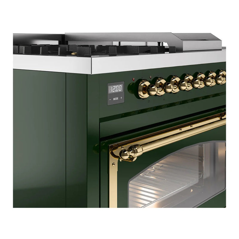 ILVE Nostalgie II Noblesse 48" Dual Fuel Freestanding Range in Emerald Green with Brass Trim, UN48FSNMPEGGLP